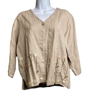 Vintage Carol Anderson Beige Embroidered Blouse Size M Lagenlook Cottagecore